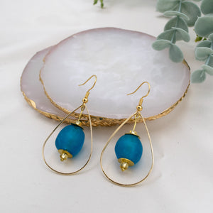 Recycled Glass Teardrop earring - Azure Blue (Silver or Gold)