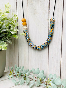 Recycled Glass Hand painted adjustable necklace - Blue & Yellow