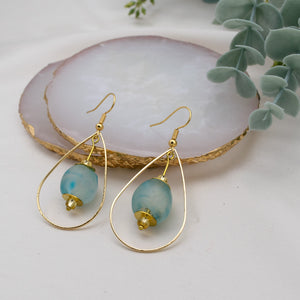 Recycled Glass Teardrop earring - Cyan Blue Swirl (Silver or Gold)