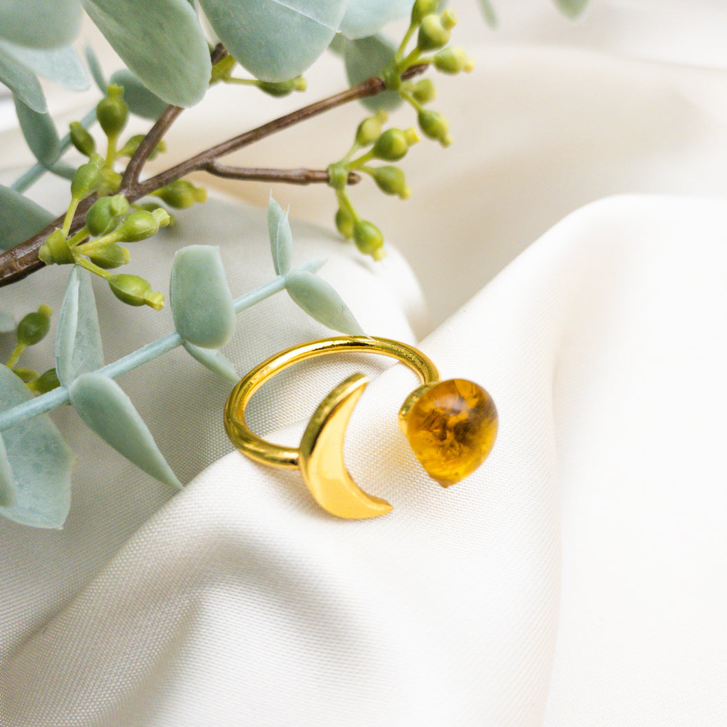 Recycled Glass Moon Ring - Amber