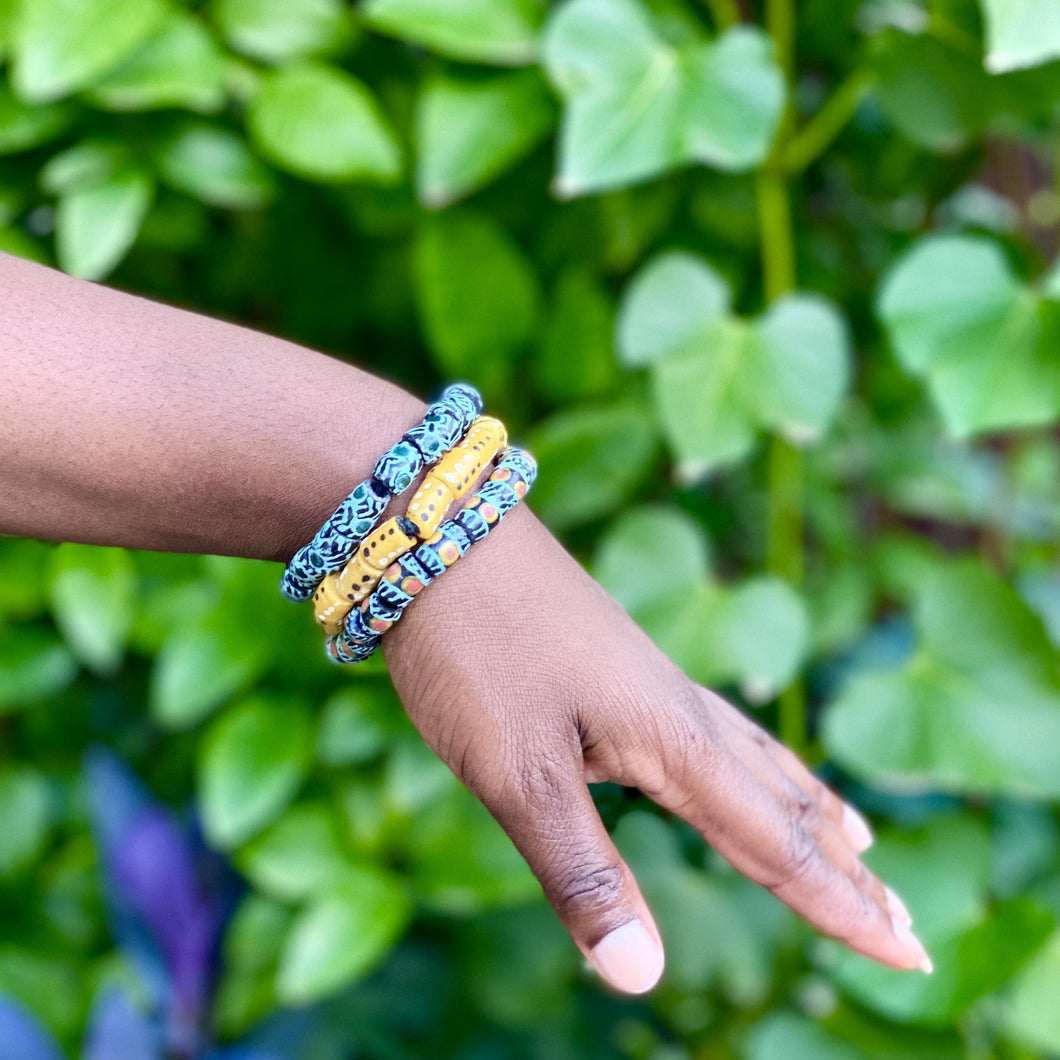 (Wholesale) Hand painted triple stack bracelets - Green & Yellow