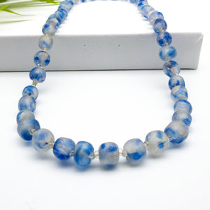 Recycled Glass Long single strand necklace - Sky Blue Swirl