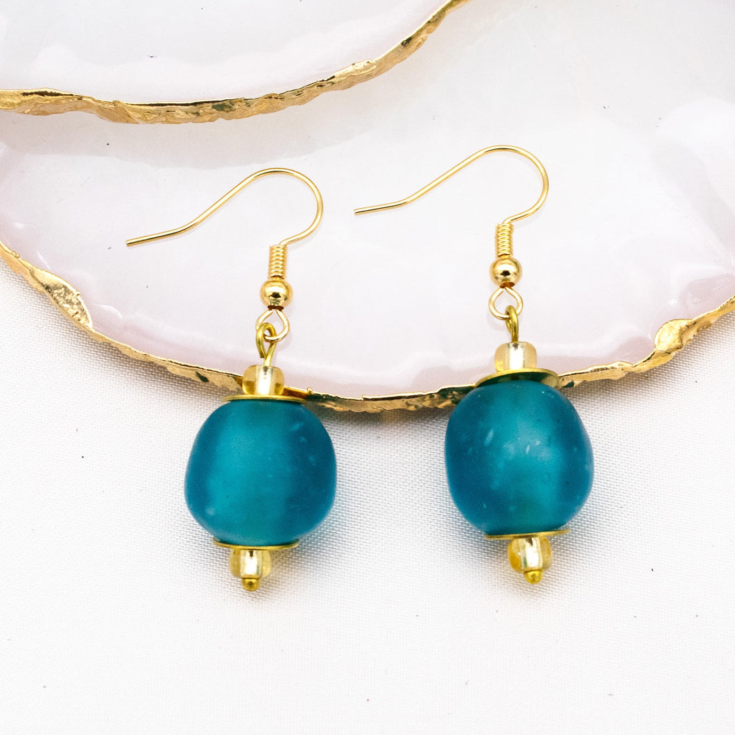 Recycled Glass Swing earring - Azure Blue (Silver or Gold)