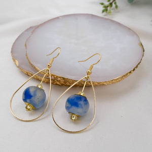 Recycled Glass Teardrop earring - Sky Blue Swirl (Silver or Gold)