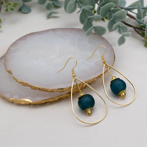 Recycled Glass Teardrop earring - Teal (Silver or Gold)