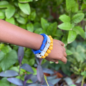 Recycled Glass Triple stack bracelets - Blue, White & Yellow