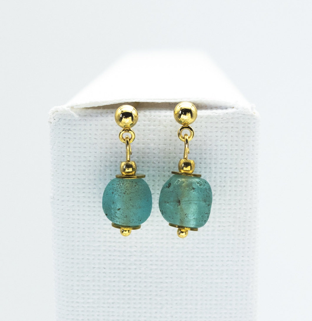 Recycled Glass Aquamarine Zodiac Birthstone Earrings (March) (Silver or Gold)