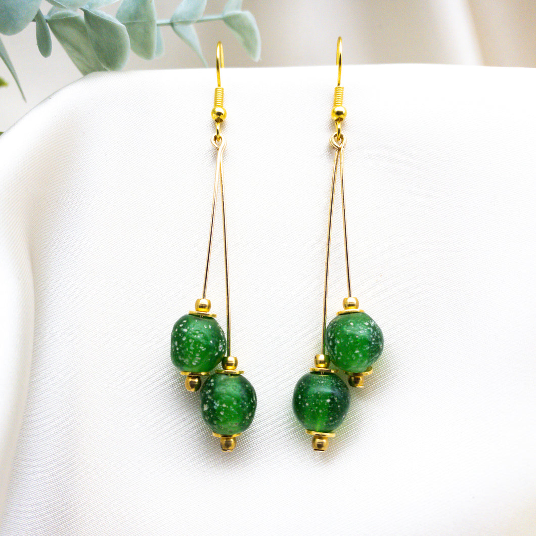 Recycled Glass Double drop earring - Peridot