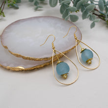 Load image into Gallery viewer, Recycled Glass Teardrop earring - Cyan Blue (Silver or Gold)
