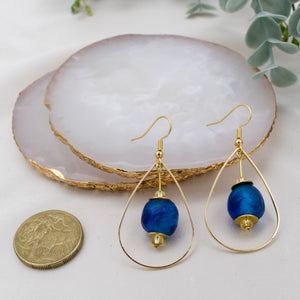 Recycled Glass Teardrop earring - Cobalt swirl (Silver or Gold)
