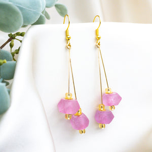Recycled Glass Double drop earring - Pink Tourmaline