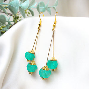 Recycled Glass Double drop earring - Green Garnet