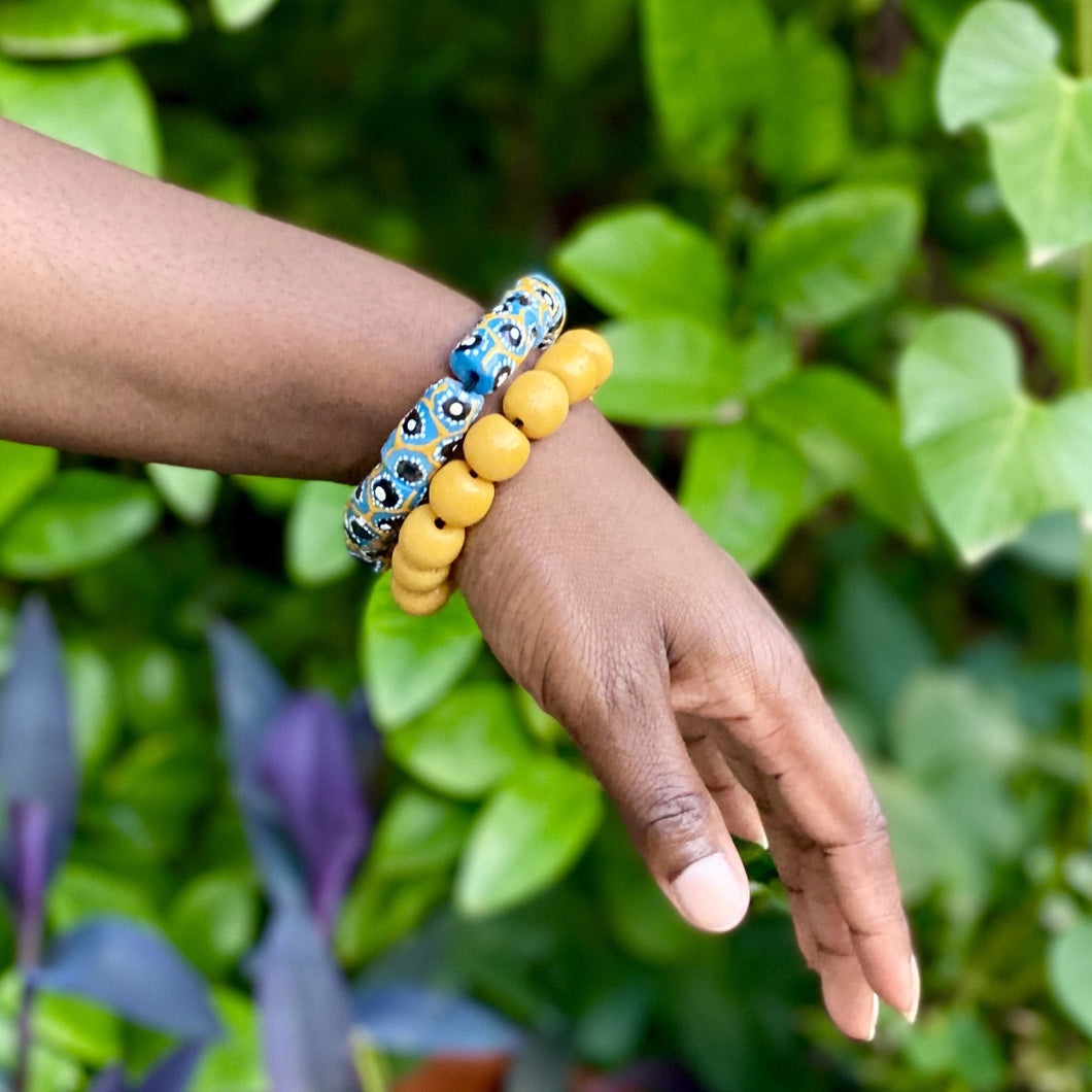 Recycled Glass Hand painted double stack bracelets - Blue & Yellow