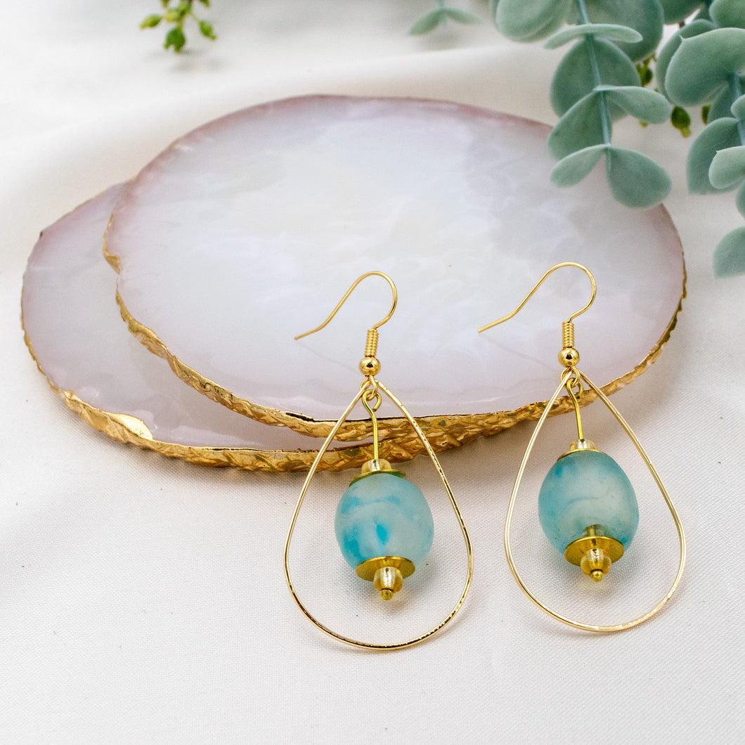 Recycled Glass Teardrop earring - Cyan Blue Swirl (Silver or Gold)