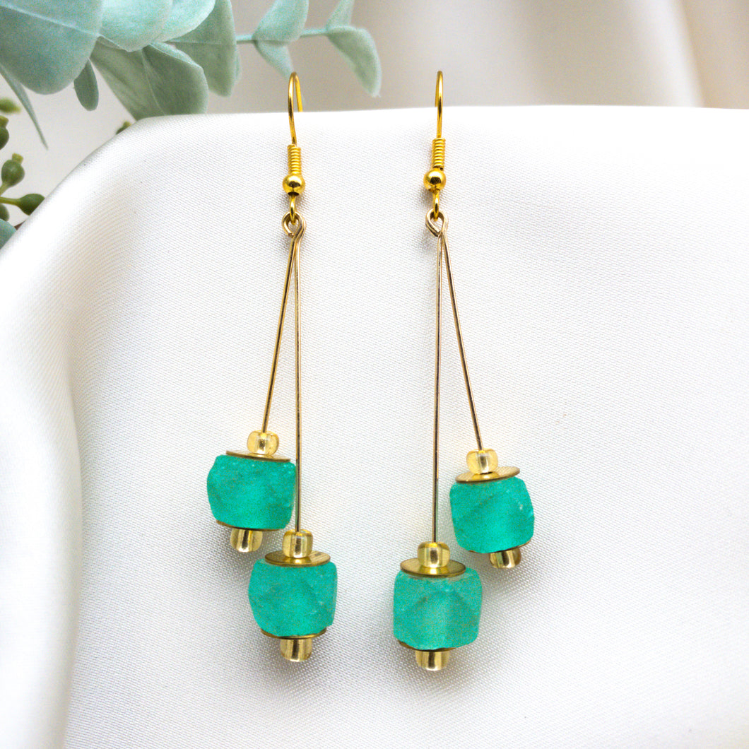 Recycled Glass Double drop earring - Green Garnet