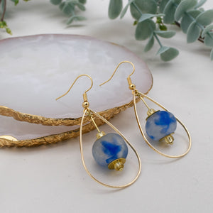 Recycled Glass Teardrop earring - Sky Blue Swirl (Silver or Gold)