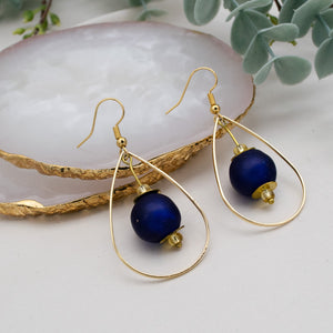 Recycled Glass Teardrop earring - Navy (Silver or Gold)