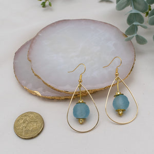 Recycled Glass Teardrop earring - Cyan Blue (Silver or Gold)