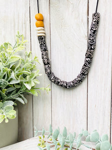 Recycled Glass Hand painted adjustable necklace - Black & White