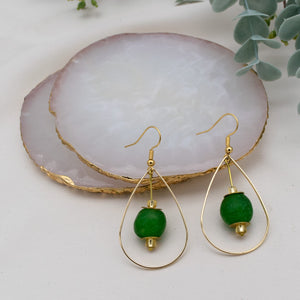 Recycled Glass Teardrop earring - Fern Green (Silver or Gold)