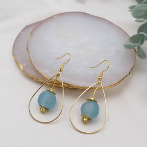 Recycled Glass Teardrop earring - Cyan Blue (Silver or Gold)