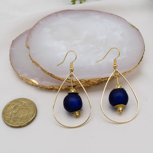 Recycled Glass Teardrop earring - Navy (Silver or Gold)