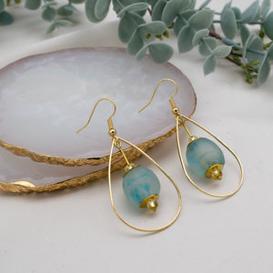 Recycled Glass Teardrop earring - Cyan Blue Swirl (Silver or Gold)