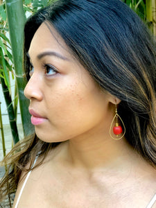 Recycled Glass Teardrop earring - Red (Silver or Gold)